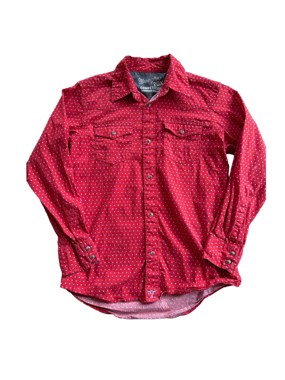 Wrangler Red Button-Up Shirt with White and Blue Dot Print YOUTH L Casual